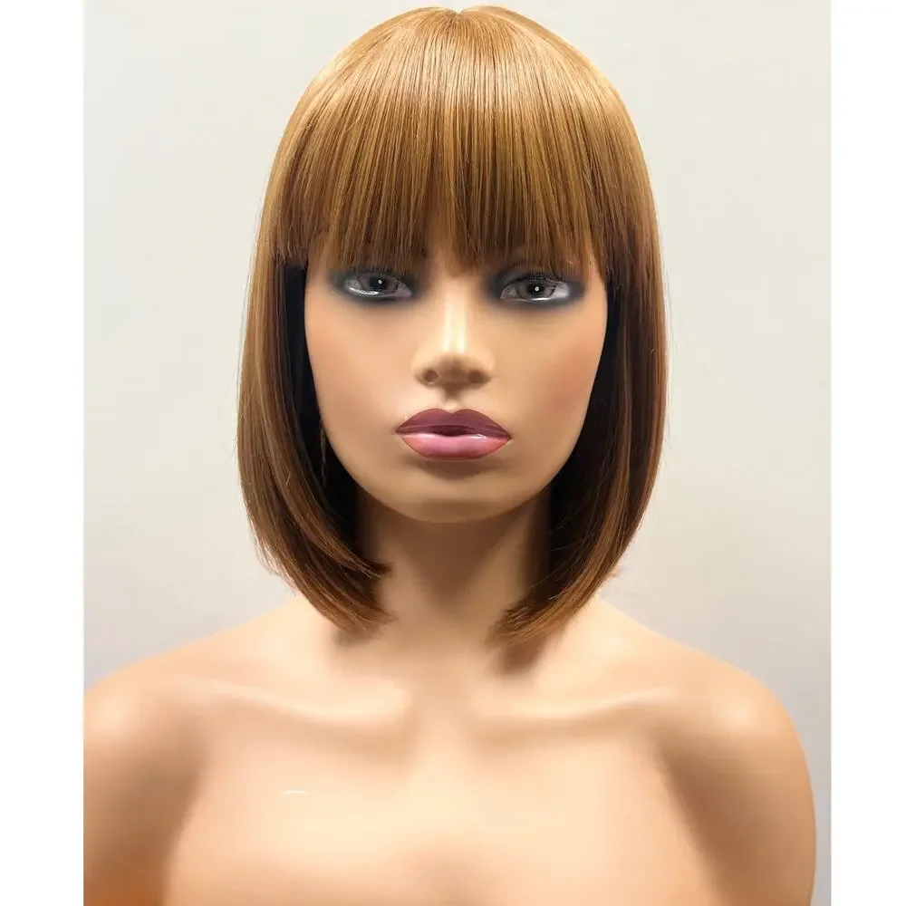 WigsBuy Strawberry Blonde Synthetic Bob Wig with Bangs Short Straight 12